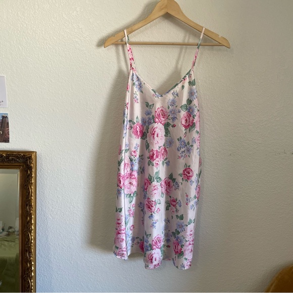 Vintage Dentelle Satin Floral Slip Dress Dainty Pink Peonies Daisies 90s 80s L - Picture 8 of 8